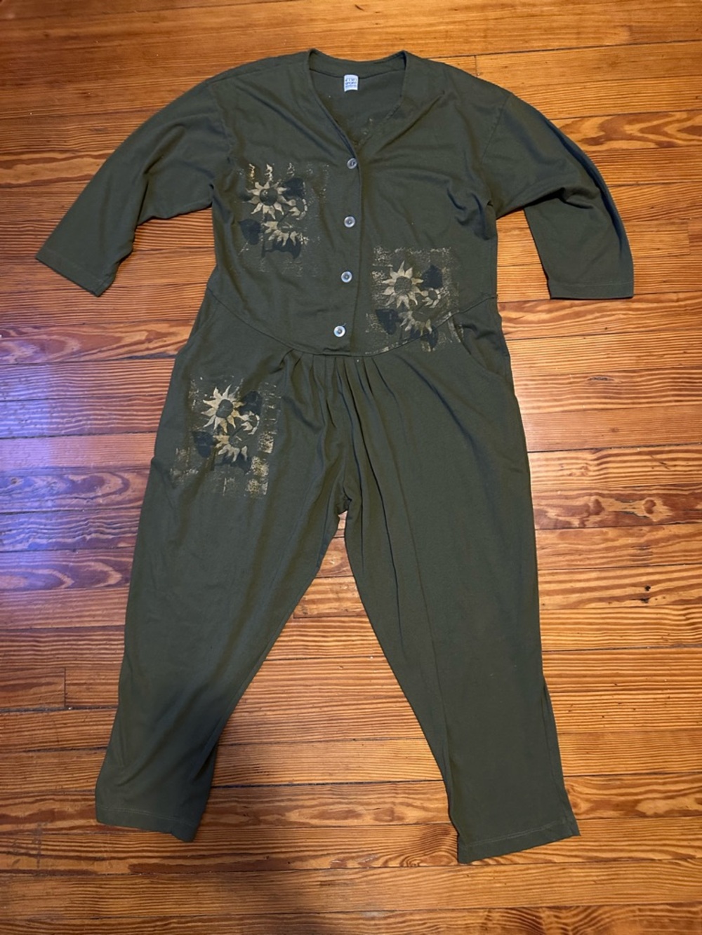 Vintage Kiwi Sport Sunflower Romper Bohemian Hand Painted Whimsical Comfy